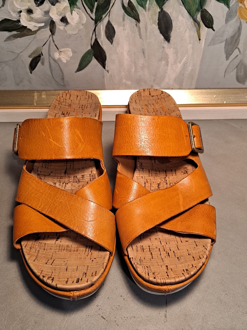 Kork-Ease 9 Cognac Leather Criss-cross Strap Cork Slide Wedge Sandals